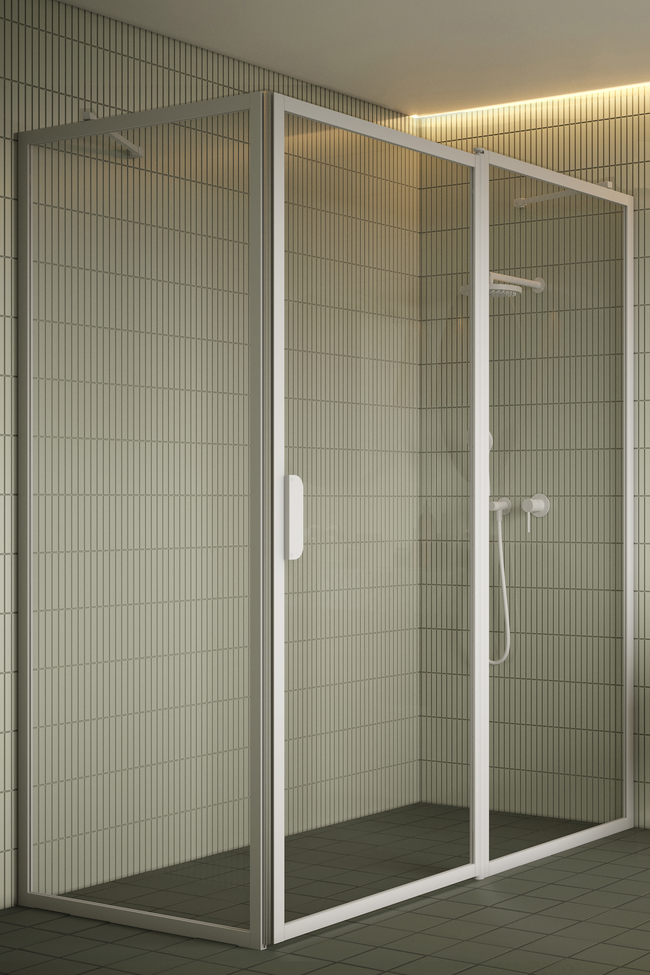 Shower enclosure with a fixed wall and a hinged door with a fixed part Bläk 756 New York