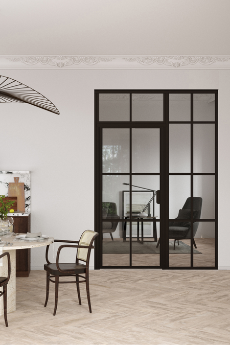 Glass wall with fixed panel on handle side and upper window Bläk 709 Paris