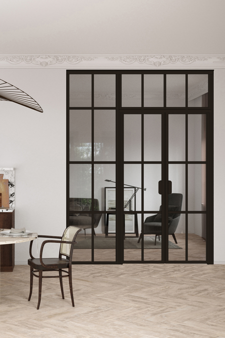 Glass wall with hinge side fixed panel, pair door and upper window Bläk 723 Paris