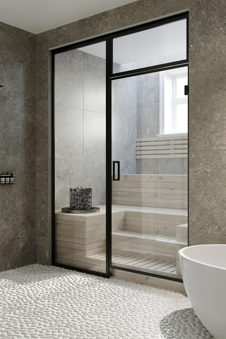 Saunan lasiseinä vedinpuolen sivulasilla ja yläikkunalla Bläk 679 New York