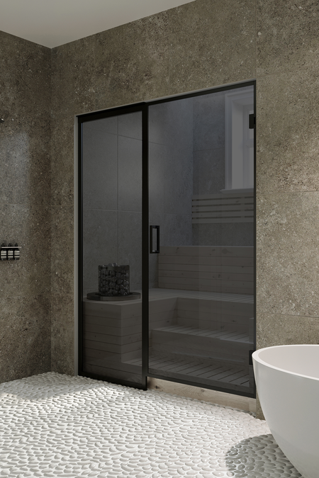 Bastu glasvägg med fast panel på handtagsidan Bläk 676 New York