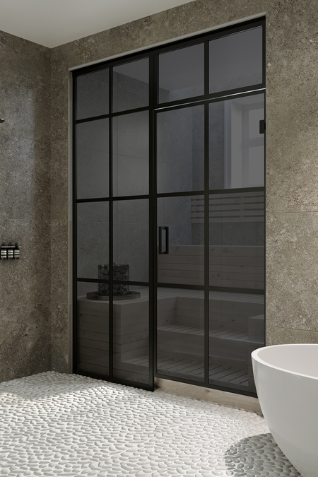 Bastu glasvägg med fast panel på handtagsidan och fönster ovanför dörren Bläk 681 Paris