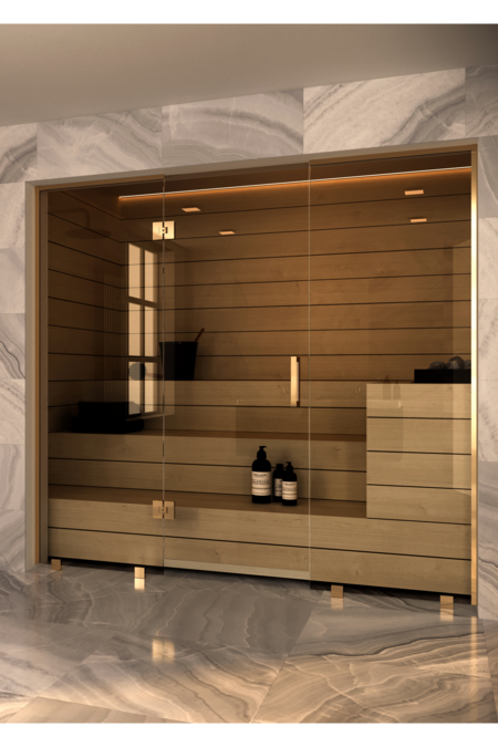 Sauna glass wall with fixed panel on handle side and hinge side Vetro S47