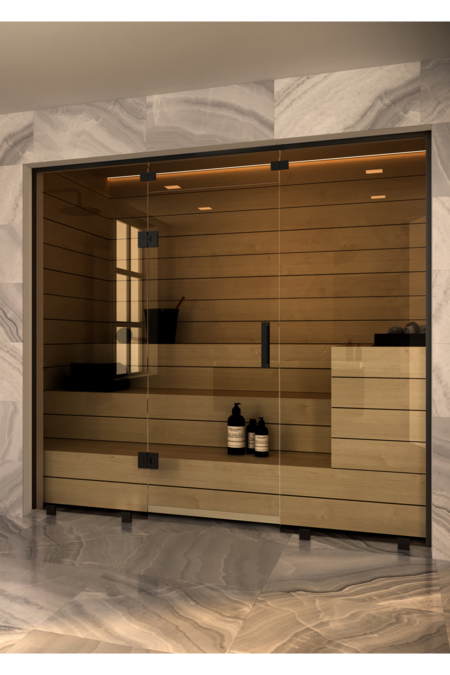 Sauna glass wall with fixed panels on hinge and handle side and window above door Vetro S48