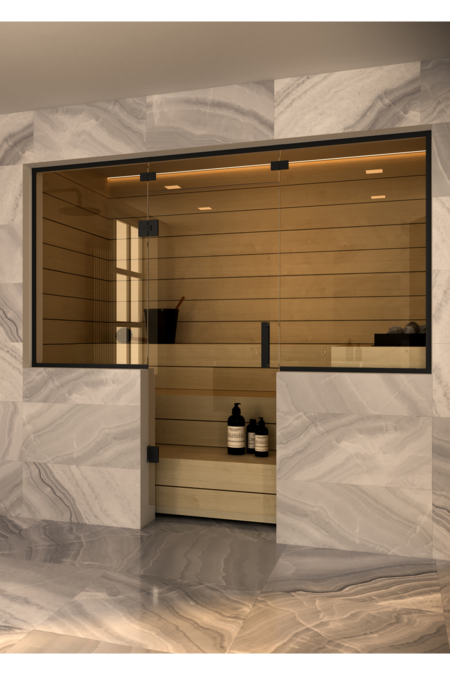 Sauna glass wall with window on handle side and hinge side and above door Vetro S51