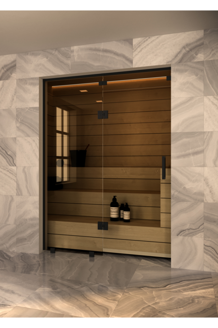 Sauna glass wall with fixed panel on hinge side and window above door Vetro S53