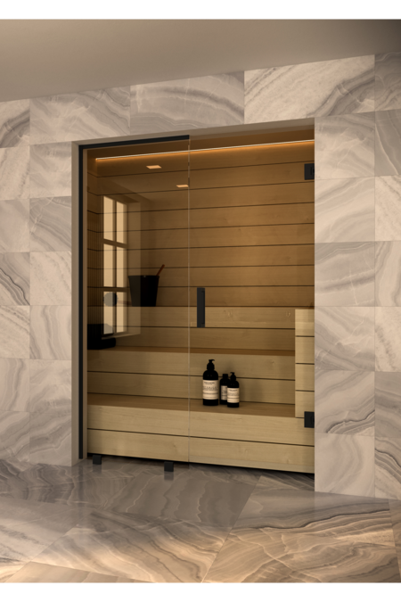 Sauna glass wall with fixed panel on handle side Vetro S57