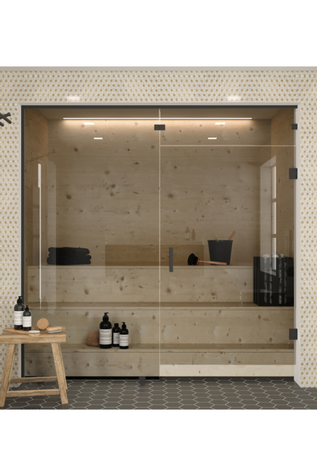 Sauna glasvägg med fast panel på handtagssidan  och fönster ovanför dörren Classic 656